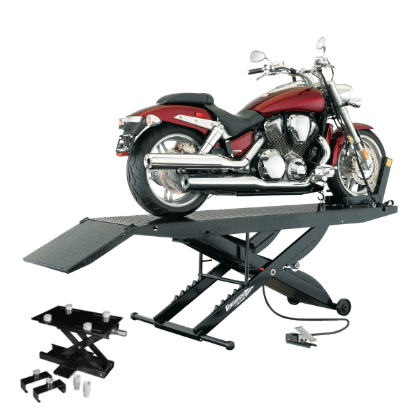 Forward Lift® 1000MCLDT | Portable Motorcycle / ATV Lift Maroon cruiser motorcycle on Forward Lift 1000MCLDT motorcycle lift table with ramp and optional accessories shown
