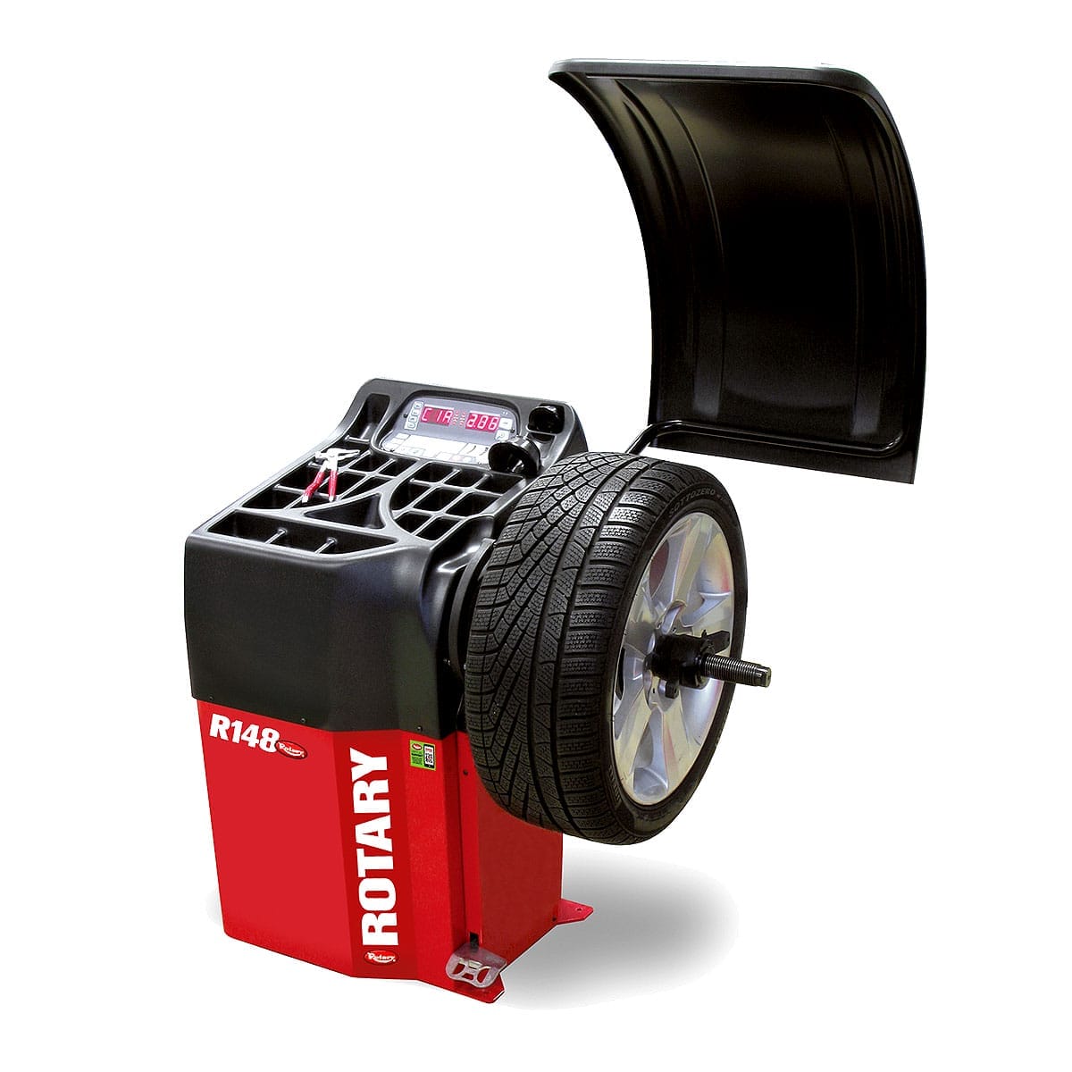 Rotary® Wheel Balancer – R148 | Pro Shop 2D Rotary tire and Wheel Balancer R148 Pro Shop 2D with cover open, ready for use