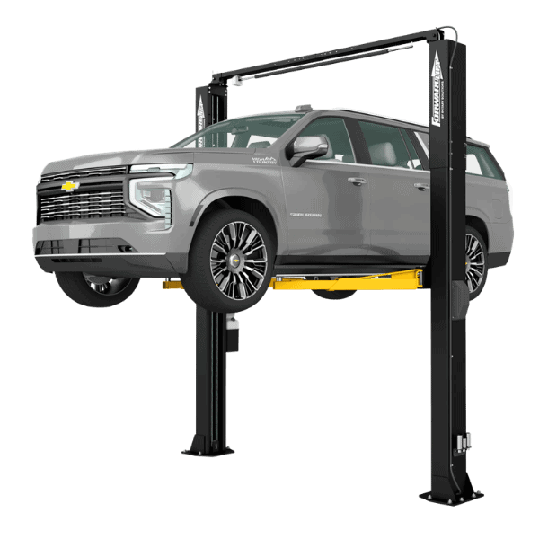 Forward Lift F12 two post automotive lift with black frame and yellow arms, ALI certified