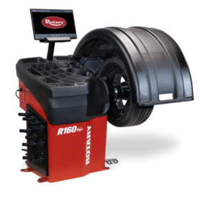 Rotary R160 wheel balancer machine with hood down and mounted tire
