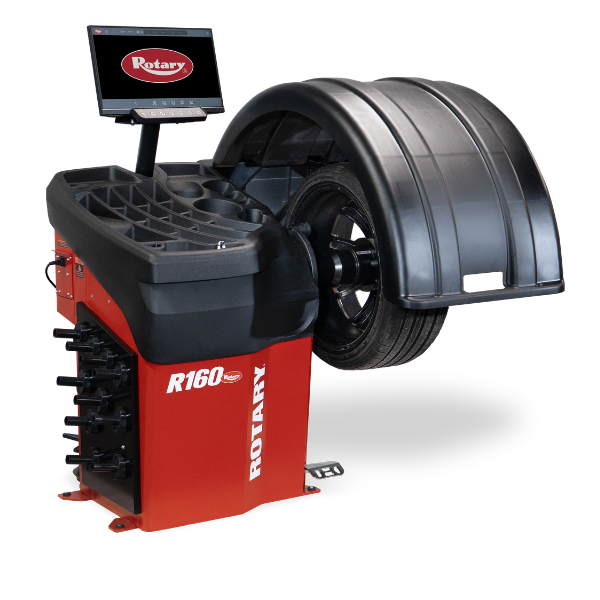 Rotary® R200 Tire Changer (110V) & R160 Wheel Balancer Combo Rotary R160 wheel balancer machine with hood down and mounted tire