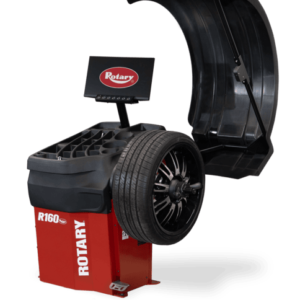 Rotary R160 wheel balancer machine with hood up for passenger wheel balancing