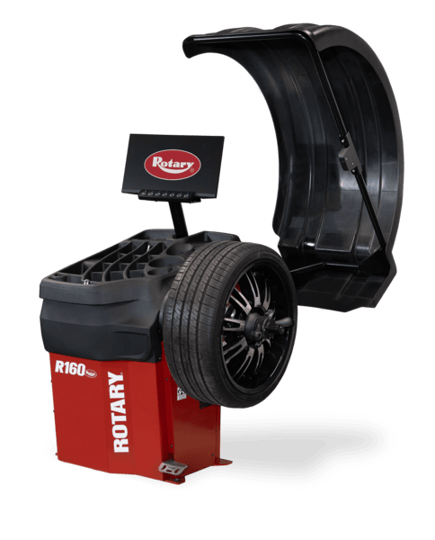 Rotary® R200 Tire Changer (110V) & R160 Wheel Balancer Combo Rotary R160 wheel balancer machine with hood up for passenger wheel balancing