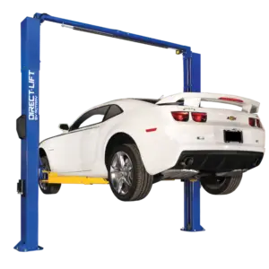 Rebates white Camaro on a direct lift two post car lift