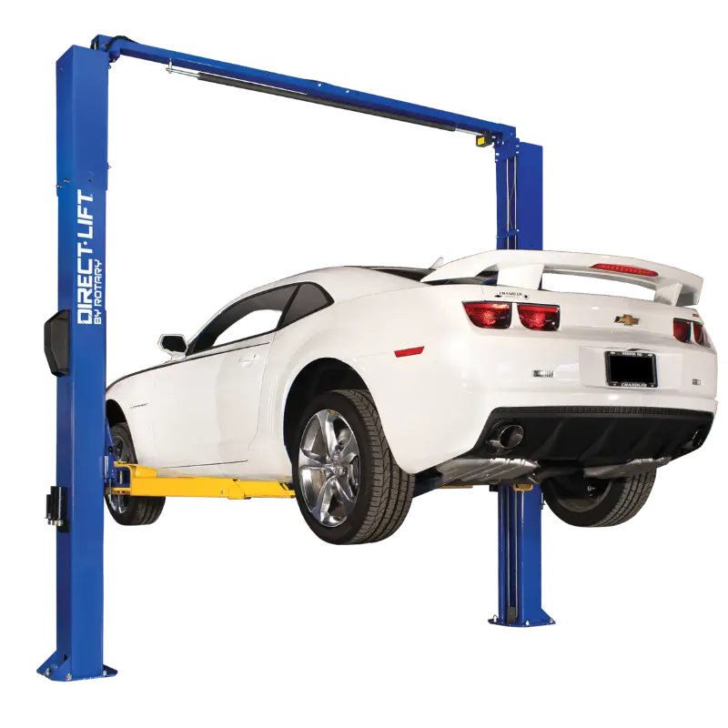 Direct Lift® DL9 | Two Post Lift white Camaro on a direct lift two post car lift