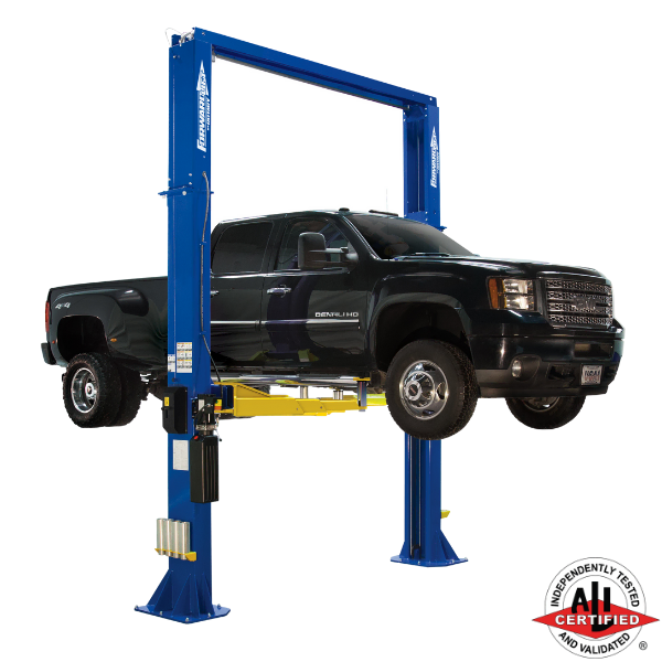 Forward Lift® DP15 | 2 Stage Symmetric Heavy Duty Two Post Lift Heavy-duty GMC Denali HD truck raised on a Forward Lift DP15 2 post vehicle lift, ALI certified