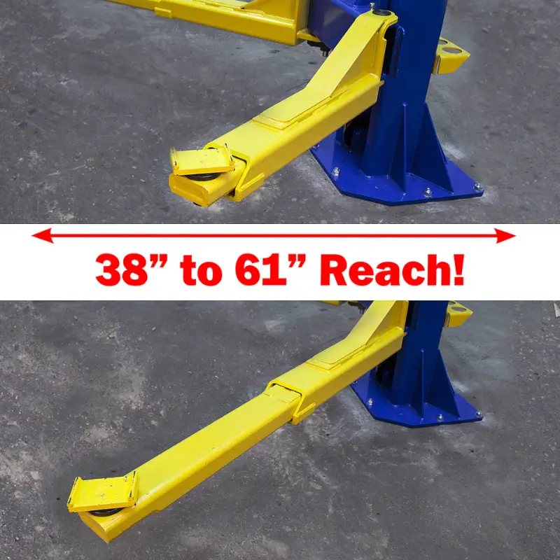 Forward Lift® DP15 | 2 Stage Symmetric Heavy Duty Two Post Lift Heavy-duty two-stage arm extensions of the Forward Lift DP15 two-post lift, showing adjustable reach from 38 inches to 61 inches for versatile vehicle lifting.
