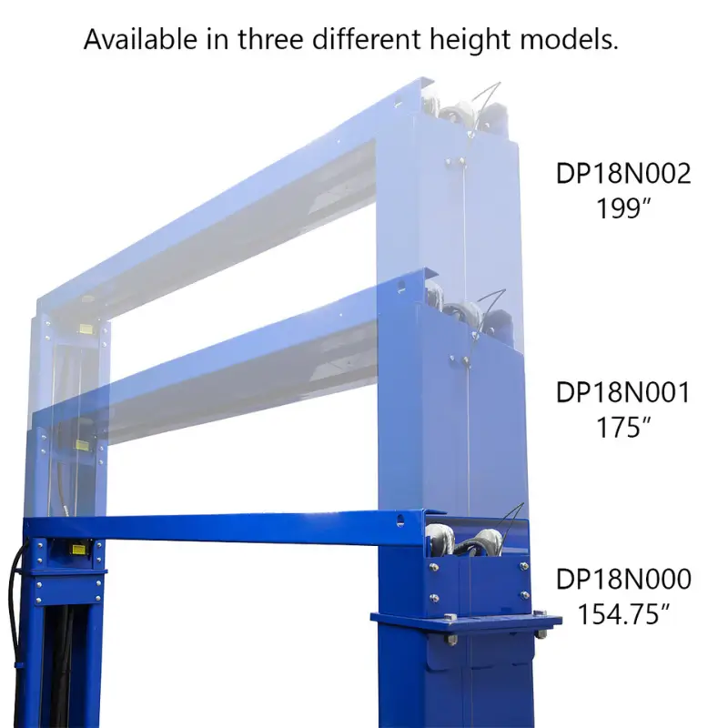 Forward Lift® DP18PRO | 3 Stage Symmetric Heavy Duty Two Post Lift Forward Lift DP18 two-post vehicle lift column height options, available in three different models: DP18N000 (154.75 inches), DP18N001 (175 inches), and DP18N002 (199 inches) for varying ceiling heights.