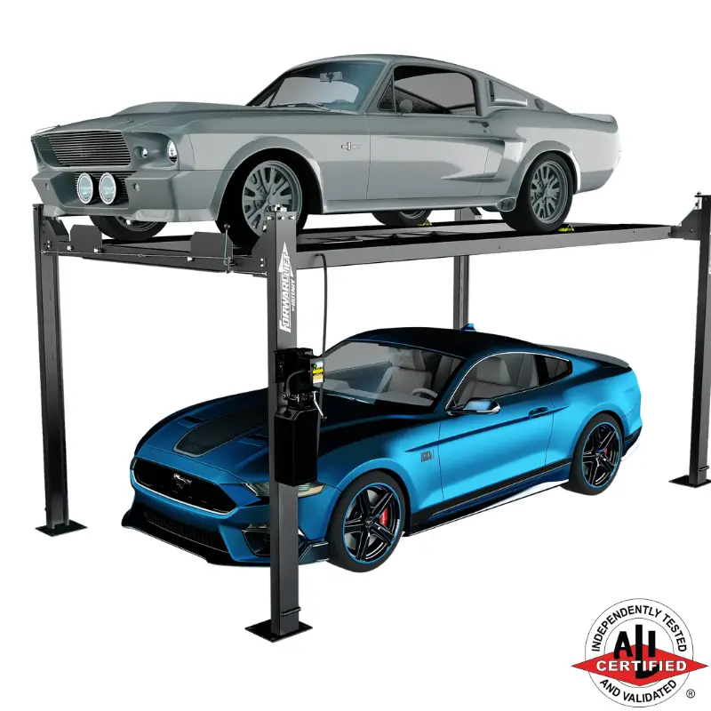 Forward Lift® EFP8 | Enthusiast Four Post Lift Classic silver Mustang above a modern blue Mustang on a Forward Lift EFP8 4 post auto lift, ALI certified