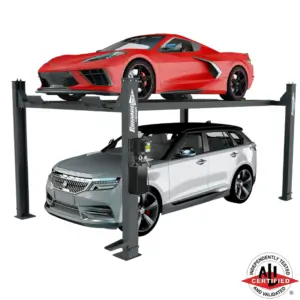 Rebates Forward Lift EFP9 4 post automotive lift with red Corvette parked above a silver SUV, ALI certified for residential and commercial use