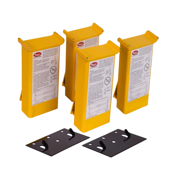 Rotary Extended Height Truck Adapters – 2 Stage Arms with 9 3/8-inch flip-up adapters and wall-mount rack installed on a two-post Rotary lift for high-clearance vehicle service.