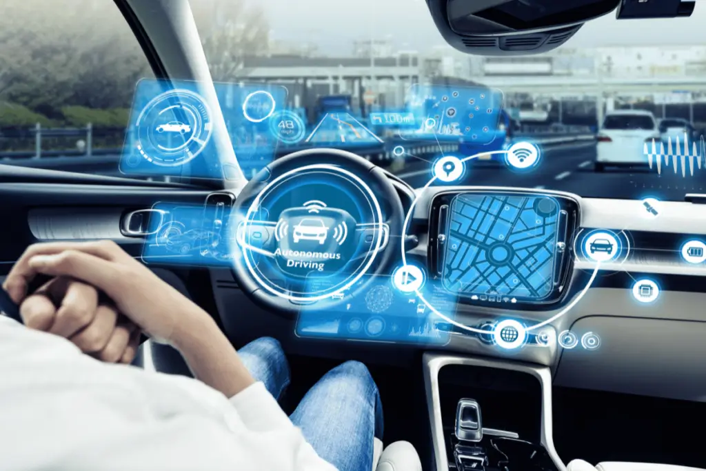 Futuristic view of a car’s dashboard displaying autonomous driving and ADAS technology interface.