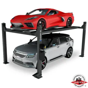 Rebates Red Corvette and silver SUV parked on a Direct Lift PP9 four post auto lift, ALI certified for residential or commercial garage use