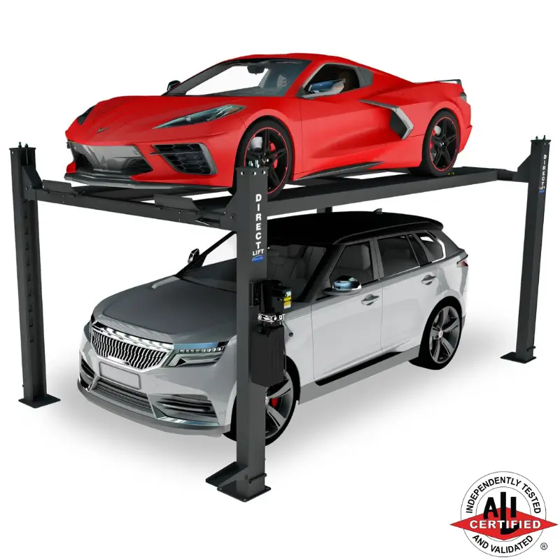 Red Corvette and silver SUV parked on a Direct Lift PP9 four post auto lift, ALI certified for residential or commercial garage use