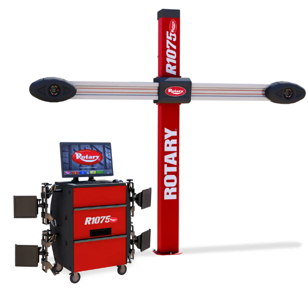 NEW Rotary® R1075 | Fixed Tower 3D Wheel Aligner System alignment machine – Rotary R1075 fixed-tower 3D wheel aligner with mobile cabinet and auto-adjusting cameras