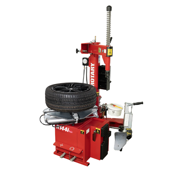 Rotary R144i swing arm tire changer with hand-controlled bead breaker and plastic mount head, designed for tight bays and high-volume tire service.