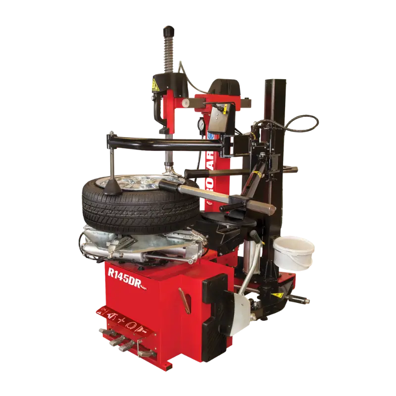 Rotary® Tire Changer – R145DR | Tilt Back - High Performance Tire Changer Rotary R145DR high-performance tire changer with tire mounted on tilt-back arm, featuring side assist arms and bead breaker for efficient tire changing.