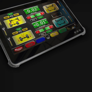 Windows tablet interface for the R5100HD Towerless Commercial Truck & Trailer Aligner—live wheel aligner readings.