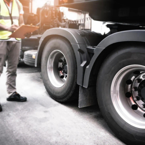 Technician prepping wheels with the R5100HD commercial truck aligner—tablet-controlled truck alignment machine
