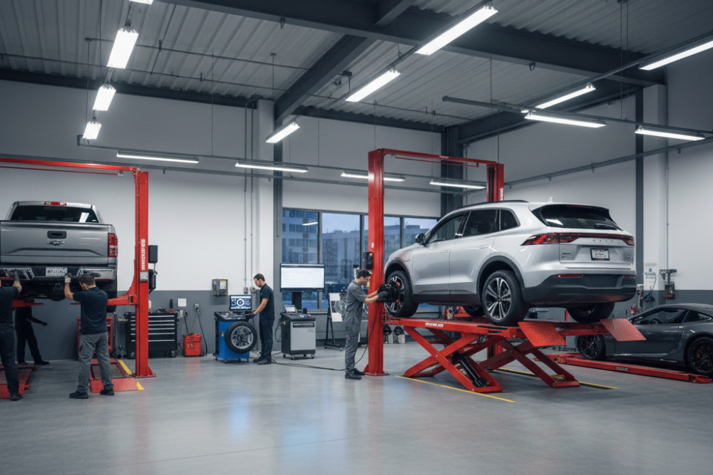 Technicians working in a multi-bay garage utilizing professional shop equipment upgrades, including a Rotary lift and digital wheel balancer.